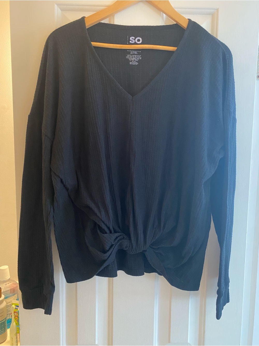 SO Black V-Neck Knot Front Long Sleeve Sweatshirt